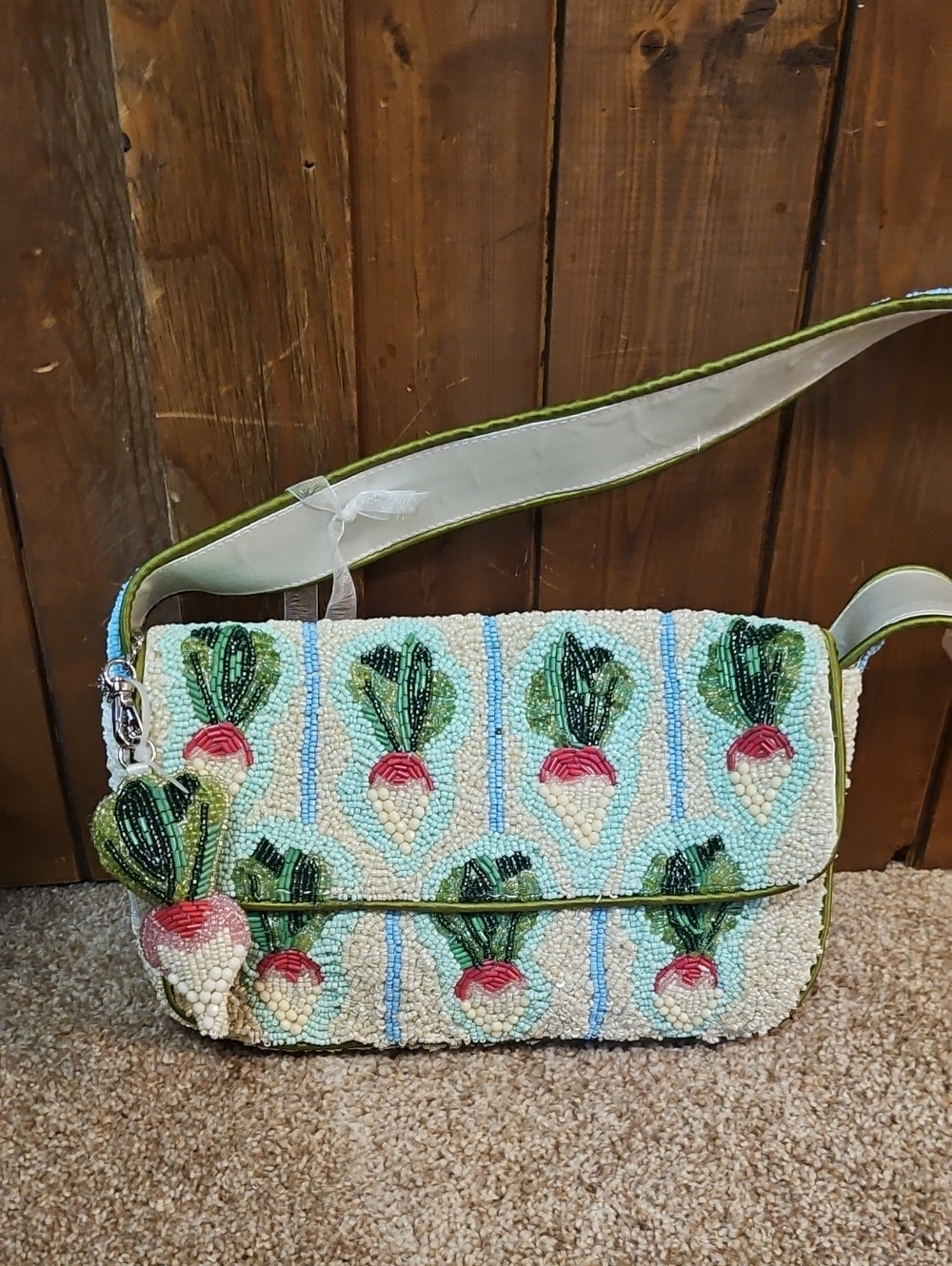 Beaded Radish Pattern Shoulder Bag - Green/White